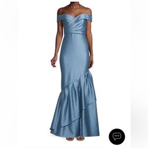 Adian Mattox off the shoulder satin blue gown with ruffle